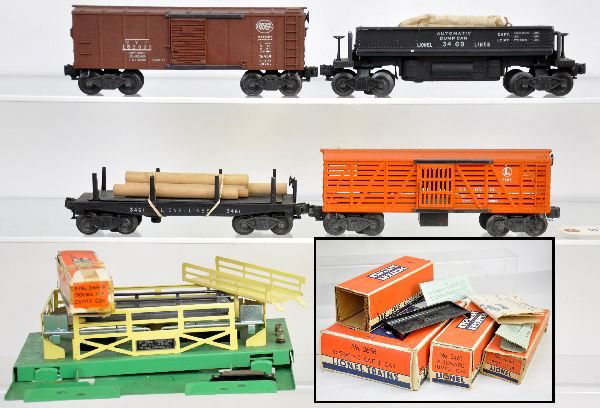 4 Boxed Lionel Freight Cars: 3656 Cattle Car with pen, complete; 6454 NYC boxcar; 3469 coal dump car with instr.; 3461 log dump car with instr. & bin, all show light playwear with worn boxes & inserts, C7-7+