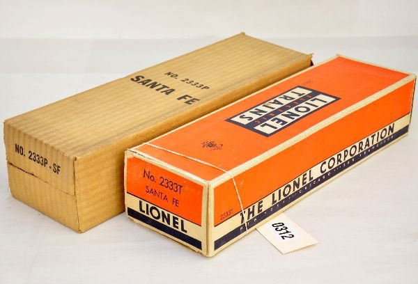 Nice Empty Lionel 2333 SF Boxes: Both boxes are clean & square with all flaps attached. They both have inserts and cotton wraps. The trailer box has 3" tear on one side, otherwise grade C8