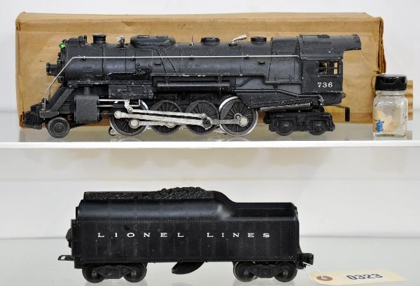 Lionel 736 Berkshire Steam Loco: Clean, late version with plastic rear truck, worn ob; 2046W tender with 1 broken step. Otherwise shows moderate playwear, C6-6+
