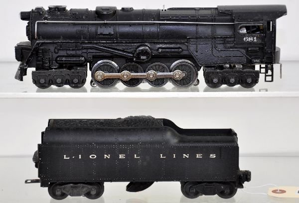 Lionel 681 Steam Turbine: Clean with replaced rear step piece; 2046W whistling tender. Both show light to moderate playwear, C6+