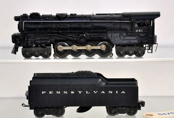 Lionel 681 Steam Turbine: Nice lettering, but has some spots through-out; 2046-50 PRR tender, otherwise shows moderate playwear with rough boxes, C5-6