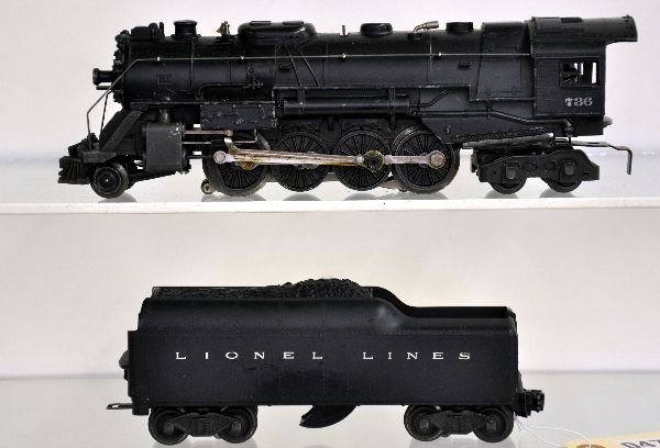 Lionel 736 Berkshire Steam Locomotive: Clean 1950 version with open headlight support; 2046W tender. Both show light to moderate playwear, C7
