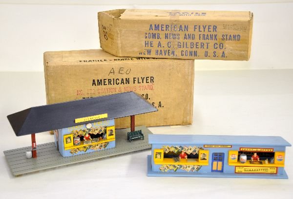 Boxed American Flyer 270 & 272 Accessories: S Gauge. 270 Frank & newsstand; 272 Glendale station. Both are very clean & complete with nice original boxes, C7+-8