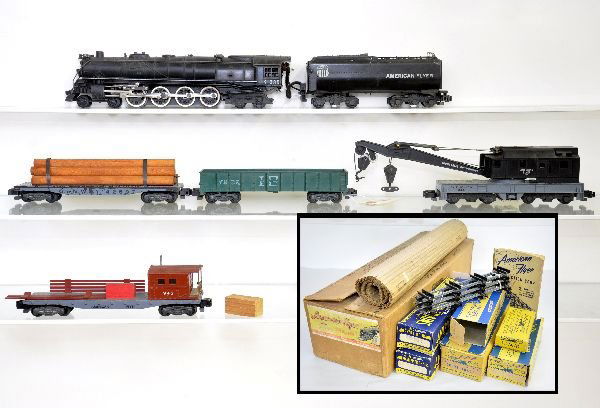 Boxed American Flyer Set K5210W: S Gauge. K335 Northern loco & tender; 931 T&P gondola; 944 crane; 928 lumber car, fiber chassis worn (C4); 945 boom tender, 1 railing broken. Otherwise all will clean nicely, showing light playwear, b