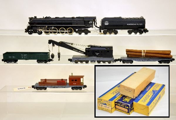 American Flyer Northern Set (K5210W): S Gauge. K335 Northern loco & tender, nice stripe & number boards; Boxed 928 fiber lumber car, logs missing straps, 25% flaking paint; boxed 944 crane; boxed 931 T&P gondola; boxed 945 boom tender, fe