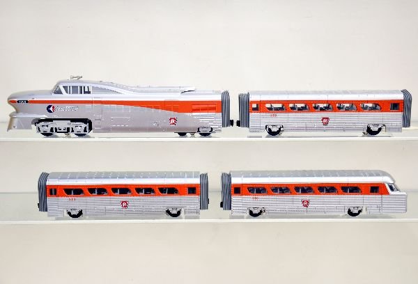 MTH RailKing 30-2210-1 Aerotrain: This is a nice 4-car set with powered diesel featuring Proto 2.0. It has 3 matching cars showing light to moderate playwear, C7+