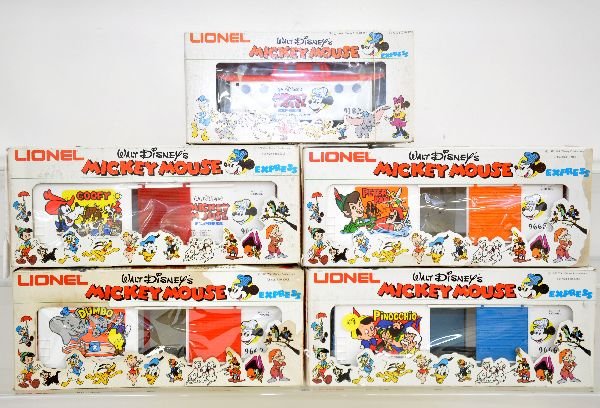 5 Lionel Disney Mickey Mouse Express Cars: Boxcars include- 9661, 9666, 9663 & 9665; 9183 caboose. All appear unrun with boxes, some light staining, C9