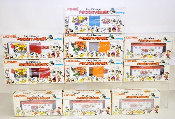 10 Lionel Disney Mickey Mouse Express Cars: Includes boxcars- 2 #9661; 2 #9665; 9666 & 5 #8183 cabooses. All appear unrun with boxes, some stained, C9