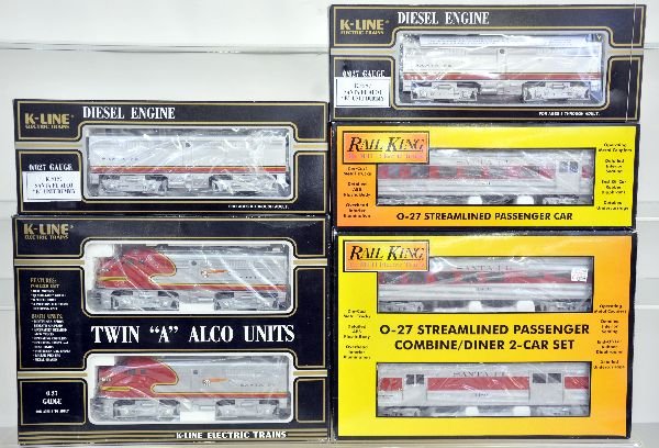 K-Line MTH Passenger Set: K-Line 2126 SF Alco AA Diesels; 2 #2127 SF Alco B-Units; MTH RailKing 30-6014 SF combine/ diner set; RK-6010 baggage. All show light run time with boxes, C8+