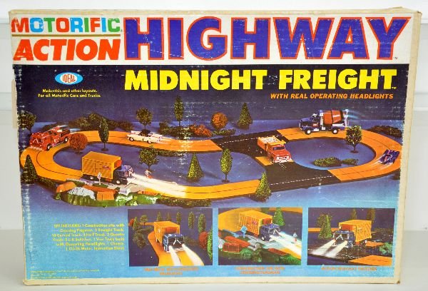 Mint Ideal Action Highway Midnight Freight: This is the 1969, 1st set to come with a truck with operating lights. It is factory sealed in a nice box. Could it have the rare color truck? C10
