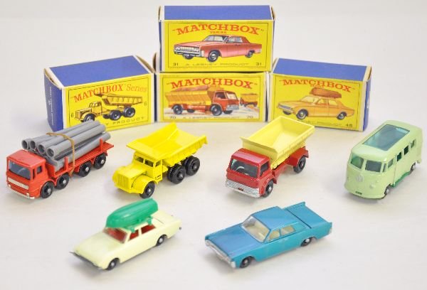 Six 1960s Matchbox Vehicles, 4 Boxed: Includes 70 spreader; 6 quarry truck; 31 Lincoln; 45 Ford Corsair, all with boxes; 34 VW bus & 10 pipe truck. All are black plastic wheels & appear like new, C9