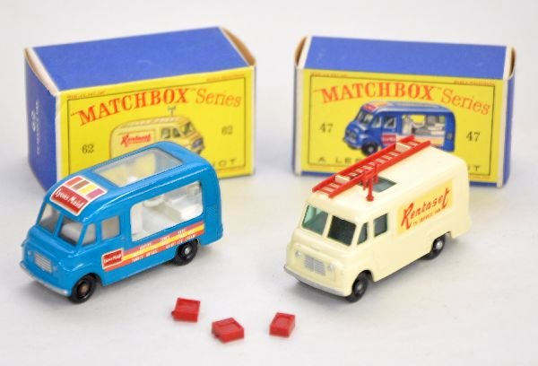 Boxed 1960s Matchbox 62 & 47 Vehicles: 47 Lyons Maid Ice Cream truck; 62 Rentaset TV Service Truck, complete. Both have black plastic wheels and nice boxes, like new, C9