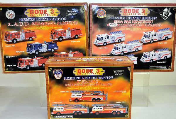 3 LN Code 3 Fire Truck Boxed Sets: Includes 13006 3pc; 13002 & 13007 4pc sets. All appear new in boxes with 1 shipper, C9+-10