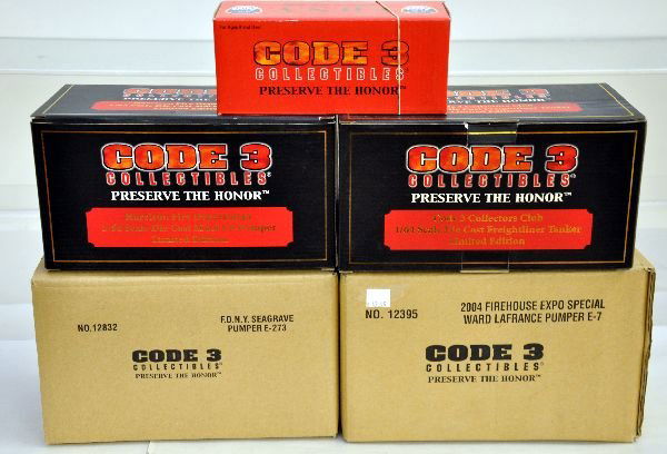 5 Mint Code 3 Fire Trucks: Includes 12653, 12500, 12832, 12630 & 12395. All are new in boxes with 2 shippers, C9+-10