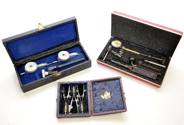 3 Vintage Technical Tools: Starrett dial indicator set with box; 3pc Stanley plotting compass set; Compact dial plotting indicator set with box. Tools were well taken care of, boxes show wear. Examine photos or call for more in