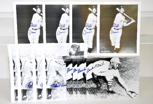 14 Negro League Signed Baseball Photos: Includes 4 Robert Scott; 4 Monte Irwin; 6 Buck O' Neil. All but 4 Buck O'Neil's are 8X10 photos signed in marker, the other 4 are heavy stock photos trimmed to 8X10, all are original signatures from a