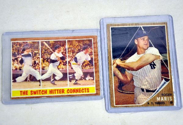 1960 & 1962 Topps Baseball Cards: Includes 1962 Roger Maris #1, EX; Mickey Mantle #318, off center but EX. Examine photos or call for more information (203) 730-1404