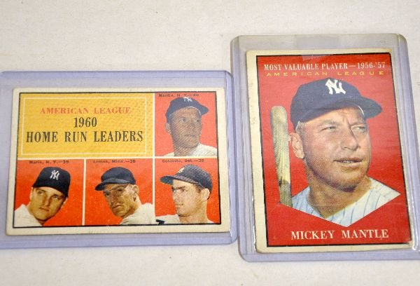 1960 & 1961 Mickey Mantle Baseball Cards: 1961 #475, VG; 1960 Home Run Leaders (Mantle, Maris, Lemon & Colavito) #44, EX. Examine photos or call for more information (203) 730-1404