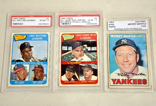3 1960s Topps Baseball Cards: Includes 1967 Mickey Mantle #150 AA 5 EX #6547310C; 1965 Home Run Leaders #3, Killebrew, Powell & Mantle, PSA EX-MT 6, #03265938; 1965 Batting Leaders #2, Clemente, Carty & Aaron, PSA EX-MT 6 #0337992