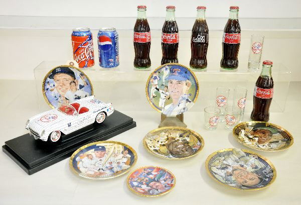 Baseball Coca-Cola Bottles, Plates & Glasses, Plus: Includes 2000 Pepsi & Coke cans (Full); 1953 Corvette diecast replica on base; glass coke bottles-3 Yankees, Red Sox & Con Edison; 2 shot glasses; 3 double shot glasses & 7 collector plates. All show