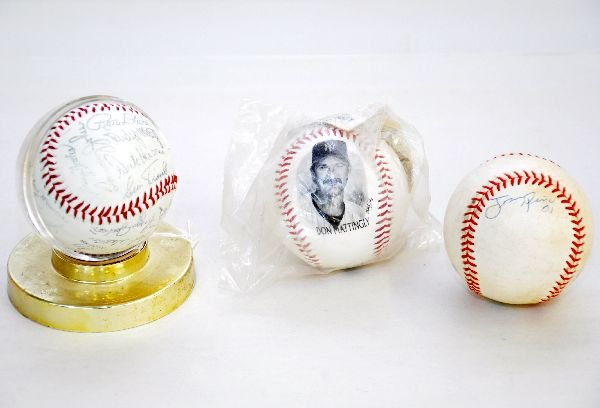 3 Yankees Baseballs: Burger King Don Mattingly ball, sealed in bag; 1977-1978 stamped team ball with holder. Signed Rawlings Ball by José Peña with strong signature & clean ball. Examine photos or call for more informat