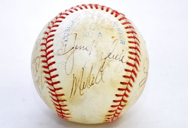 Vintage Signed 1989 Yankees Game Ball: Consigner caught this foul ball! It has 10 signatures, among them Jesse Barfield, Andy Hawkins, Greg Cadaret; Mike Blowers, Bob Geren & others. The ball shows wear and scuffing from use, but most of t