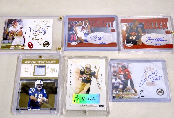 10 Signed Basketball & Football Cards: Basketball includes S. Telfair; D. Harrison; L. Deng; 2 different A. Emmett; T. Allen; Football includes- P. Manning; G. Guidugli; D. McCallister & J. White. All mint, most in cases. Examine photos or