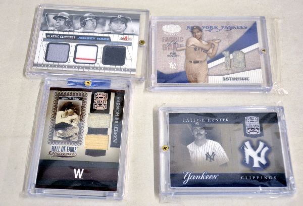 4 Baseball Jersey Cards: Includes Harmon Killebrew; Catfish Hunter; Phil Rizzuto & 3-part S. Sosa/A. Dunn & M. Cabrera. Examine photos or call for more information (203) 730-1404