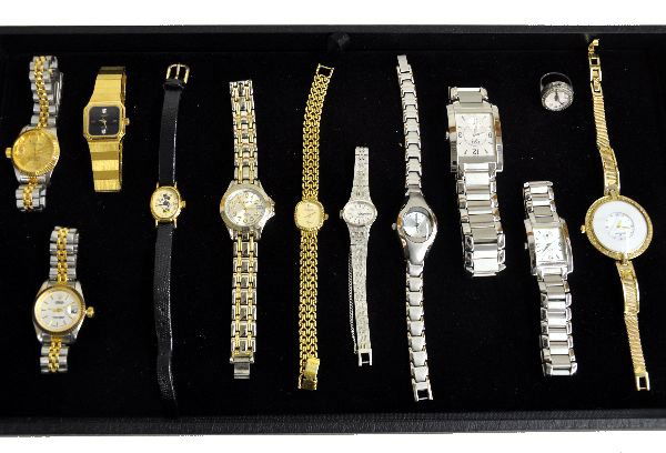 Vintage Watches, Some Designer: Includes 2 knock-off Rolexes; Disney Works Minnie Mouse; Longines square gold/black face; Milon water resistant; Wittnaur small face gold; Seiko brushed silver; Gucci chrome; ESQ his & hers, like new;