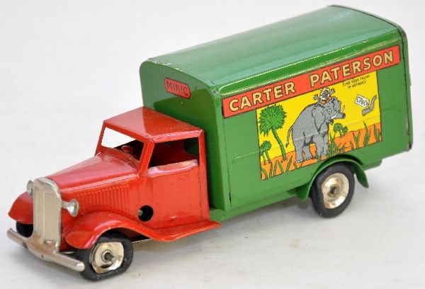 Scarce Tri-Ang Minic Carter Paterson Van: It is clean & shiny with super decals. The mechanism is functional, no key, but has flat tires. It shows very light signs of use, C8+