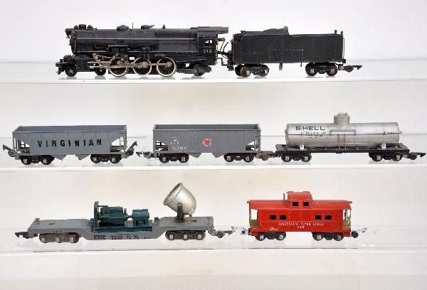 6 Pc American Flyer 312 Steam Freight Set: S Gauge. 312 PRR K-4 locomotive; 625 shell tank; (632) Virginian cast hopper, 1 broken step; 638 searchlight, missing brake wheels; 632 LNE hopper; 638 caboose. All show moderate playwear, C6