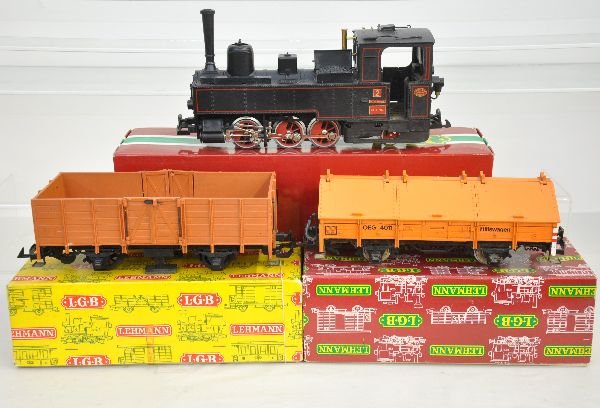 3 Pc LGB G Gauge Train Set: Includes 2071D 0-6-2 steam tank loco; 4011 salt car; 4020 7-board open wagon. All show light to moderate playwear with boxes, C7