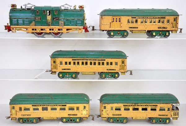 American Flyer Pocahontas Set: ST Ga. 4637 Shasta style loco with bell, rewheeled with replaced headlight & pantographs, missing the ornamental bell rod. 4340 combine; 4341 Coach; 4342 Diner (plates read observation?); 4343 observa