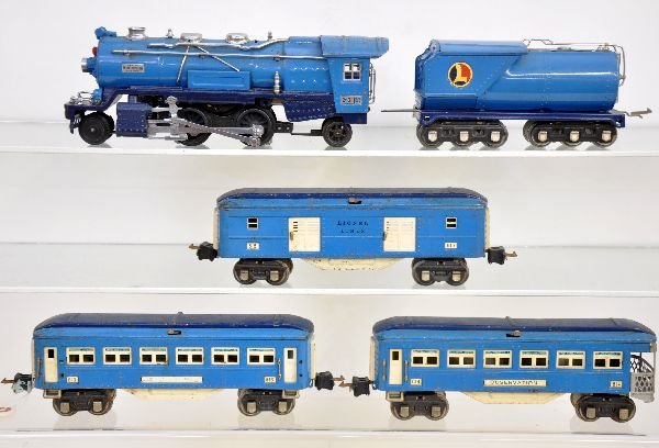 5 Pc Lionel Blue Comet Set: 263E steam loco, 1 pony wheel fatigued, replaced frame; 263W tender, missing coupler cap, both have worn boxes; 602 baggage; 600 Pullman; 601 observation. All have manual box couplers with nice letter