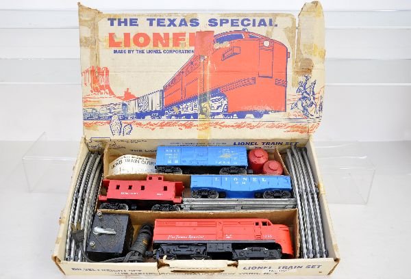 Boxed Lionel Set 1107: This cute set is one of the few with a picture of the set on the box; Includes a 1055 TS Alco A diesel; 6112 gondola with canisters; 6044 Airex boxcar; 6047 caboose, track & transformer. All show ligh