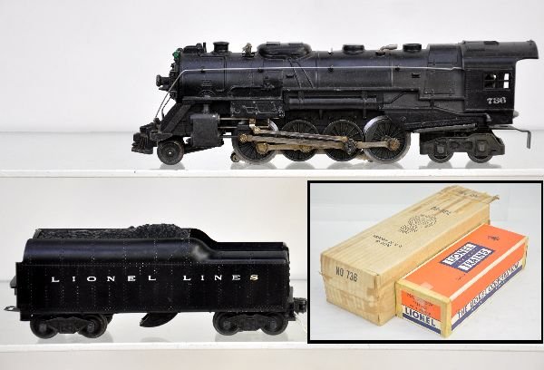 Boxed Lionel 736 Berkshire Locomotive: 1953 version with white rubber stamped lettering; 2046W tender; They otherwise show light to moderate playwear with boxes, tender has tape, C6-6+