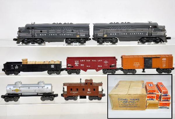 Boxed Lionel Set 2185W: This set doesn't show up often. It was the last 2344 set. Includes 2344 NYC F3 AA diesels. They are clean with bright matching graphics. Some porthole lenses are missing, others are repro; 6462 gondol