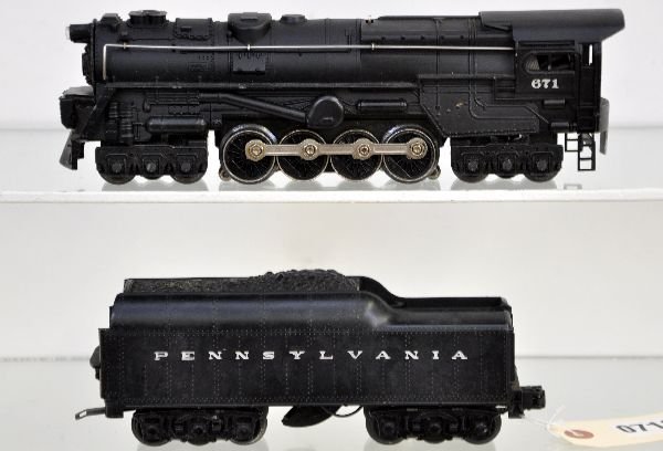 Lionel 671 PRR Turbine Locomotive: Clean with nice nose decal & lettering; 2671W PRR tender. Both show light to moderate playwear, C7