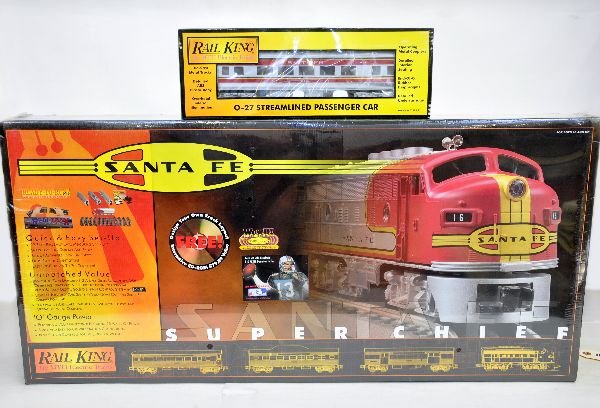MTH RailKing 30-4021-1 Super Chief Set: Includes the starter set with an F3 A diesel with ProtoSounds; 3 passenger cars, track & transformer, factory sealed in setbox, C10, plus the 30-6102 extension coach, like new in box, C9 Some boxes in