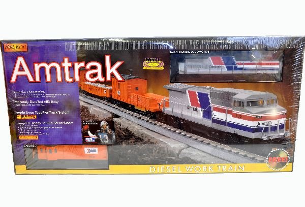 MTH RailKing 30-4024-1 Amtrak Work Train: Includes a Dash-8 diesel with ProtoSounds; tool car, gondola; lighted engineering car, crane tender & caboose, track, transformer & CD rom disc. The set is factory sealed, C10