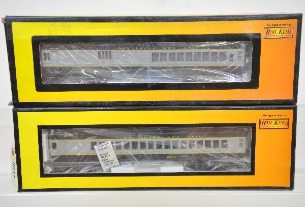 MTH RailKing 20-2134-1 & 3 B&O Doodlebug Set: Includes the powered unit with ProtoSounds & matching trailer. Both show light run time with boxes, C8+. Some boxes in this lot may have light to moderate basement smell