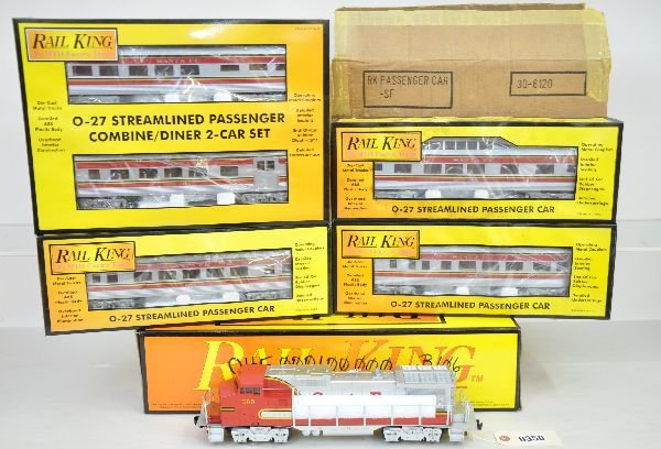 Extended MTH RailKing SF Passenger Set: Includes an RK-2004 Dash-8 diesel with horn, box graffiti; cars include 30-6120 streamline 4-pk; 30-6105 combine/diner set & 30-6102 coach. All appear lightly run with boxes, C8+. Some boxes in this l