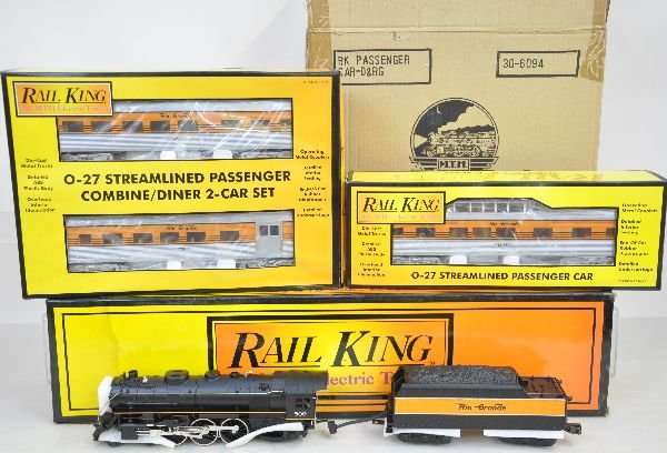 MTH D&RGW Steam Passenger Set: Includes 30-1122-1 Pacific loco & tender with smoke, light & ProtoSounds; 30-6094 streamline 4-pack; 30-6095 combine/diner set. All appear unrun with boxes, loco box has stains & graffiti, C9. Some bo