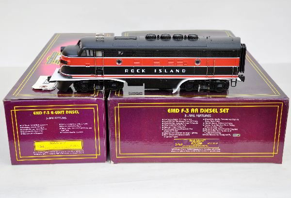 MTH 2127LP RI F3 ABA Diesels: Features includes dual motor A power unit with lighted cab with interior details & figure, ProtoSounds & QSI. They appear unrun with boxes, C9. Some boxes in this lot may have light to moderate baseme