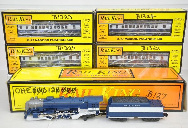 MTH RailKing T&P Steam Passenger Set: Includes 1114LP L-3 4-8-2 loco & tender with ProtoSounds; Heavyweight passenger cars 2 #6221 coaches; 6222 coach; 6223 observation. All appear lightly run with graffiti on boxes, C8. Some boxes in thi