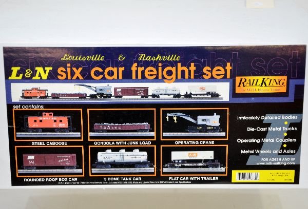 MTH RailKing 30-7008 L&N Freight Cars: Includes Trailer flat; tank car; boxcar; crane; gondola & caboose. All are unrun with boxes & setbox, C9. Some boxes in this lot may have light to moderate basement smell