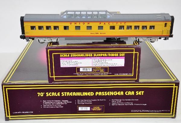 MTH UP Streamline Passenger Cars: 042. All are 70 ft ABS cars including 20-6553 5-car set & 20-6638 sleeper/diner set. All appear unrun with boxes, C9. Some boxes in this lot may have light to moderate basement smell