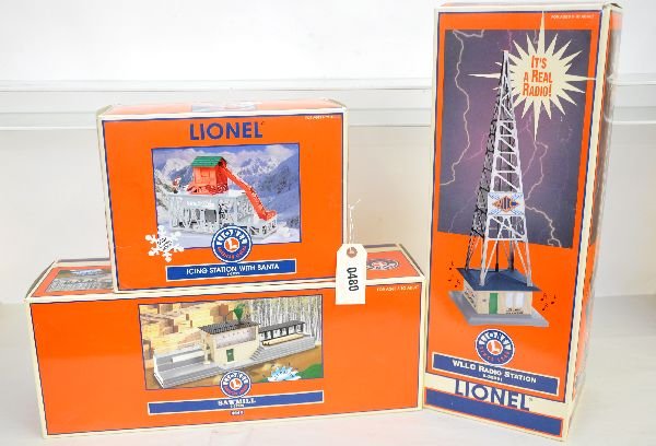 3 Lionel Accessories: Includes 32929 Ice Station with Santa; 32989 Sawmill & 32991 radio station with operating radio. All appear like new with boxes, C9. Some boxes in this lot may have light to moderate basement smell