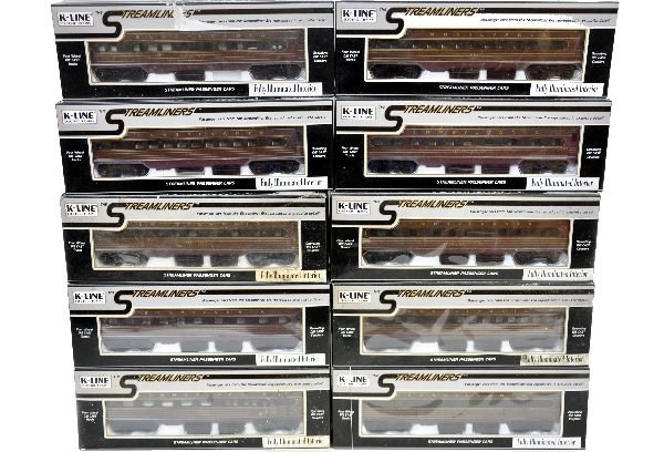 10 K-Line 4580 KCC PRR Passenger Cars: Includes baggage, RPO combine, 3 different Pullmans; 2 coaches; diner & observation. All are like new with some boxes being dirty and musty. Cars are C9. Some boxes in this lot may have light to moder