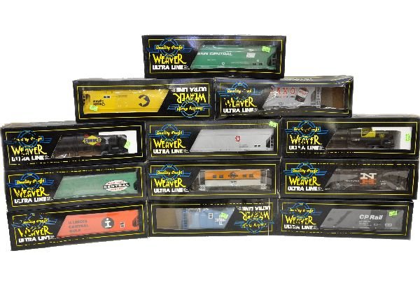 11 Weaver Scale Freight Cars: All 3-rail assorted styles. All are unrun in boxes, some worn, all have some graffiti and boxes are musty, cars are C9
